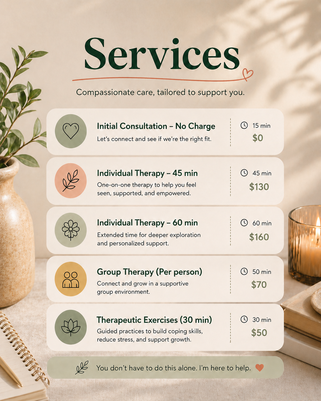 Therapy services including individual, group, and online sessions