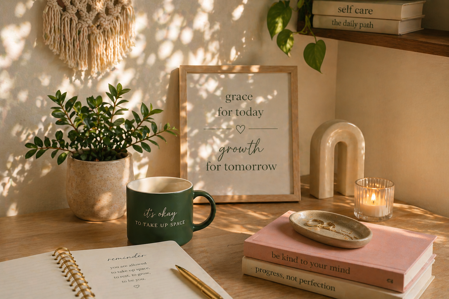 Calming therapy workspace with candle, plant, and inspirational decor