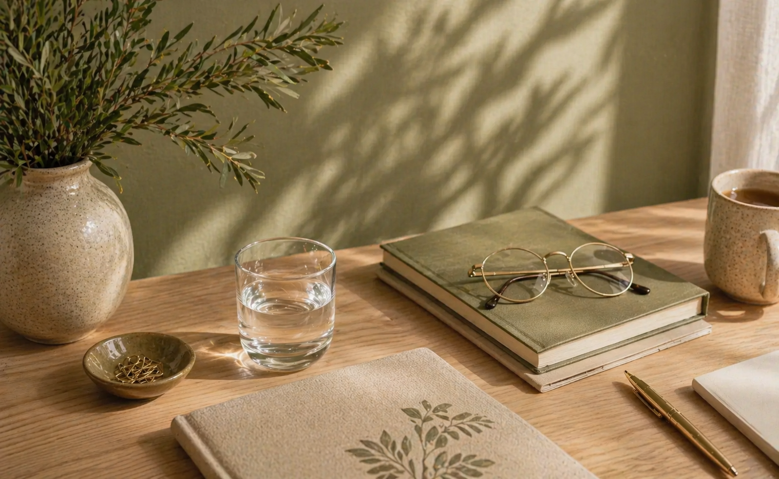 Peaceful desk setup representing a calm and supportive therapy space