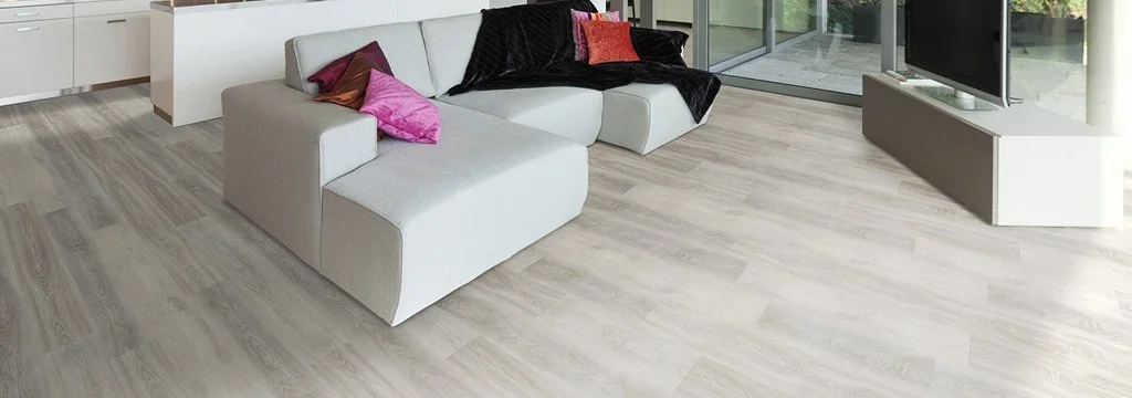 Modern living room with light wood flooring, a white sectional sofa with colorful pillows, and a flat-screen TV on a white stand near large glass windows.
