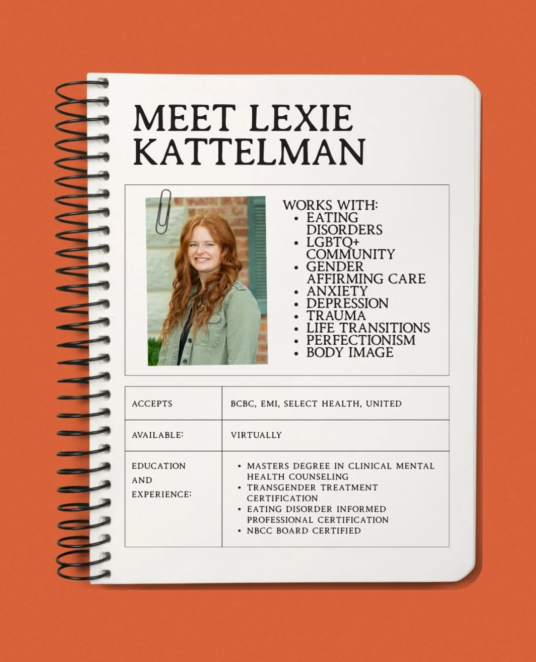 Lexie specializes in working with teens and adults experiencing eating disorders, body image concerns, anxiety, perfectionism, and gender dysphoria. 🌈

Her approach is warm, collaborative, and affirming because she believes healing begins when every