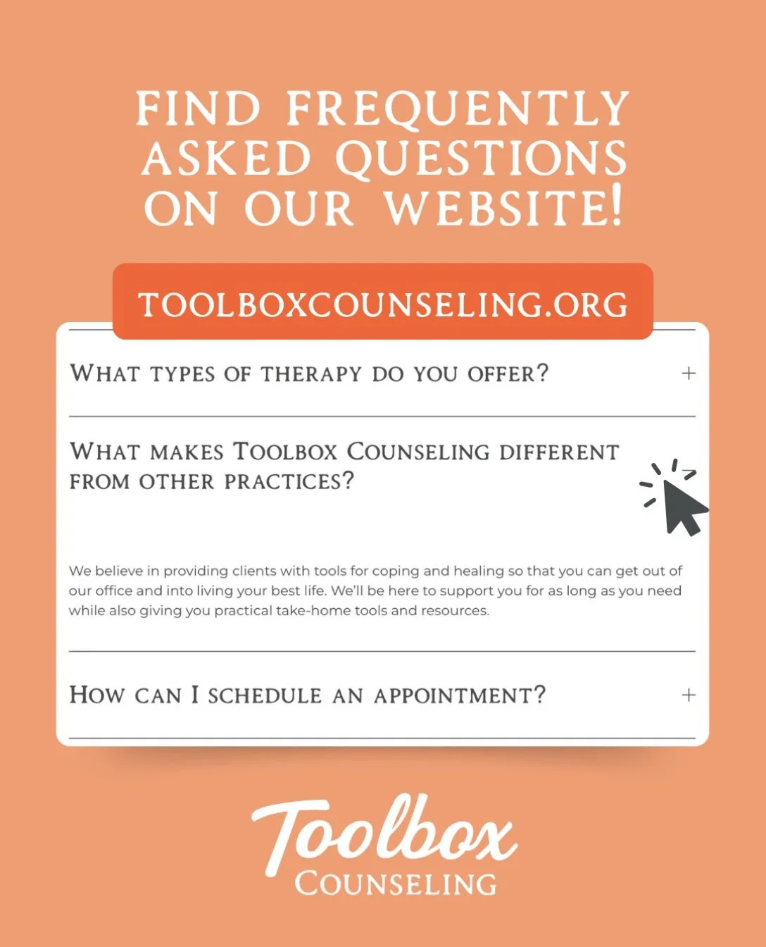 So what exactly makes Toolbox Counseling different than other therapy practices? 🧠

I&rsquo;m so glad you asked! 😉

We believe in providing clients with tools for coping and healing so that you can get out of our office and into living your best li