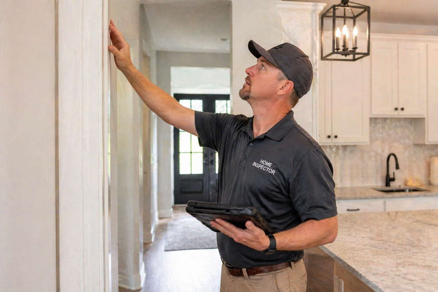 Home inspector in a kitchen, inspecting walls and taking notes on a tablet.