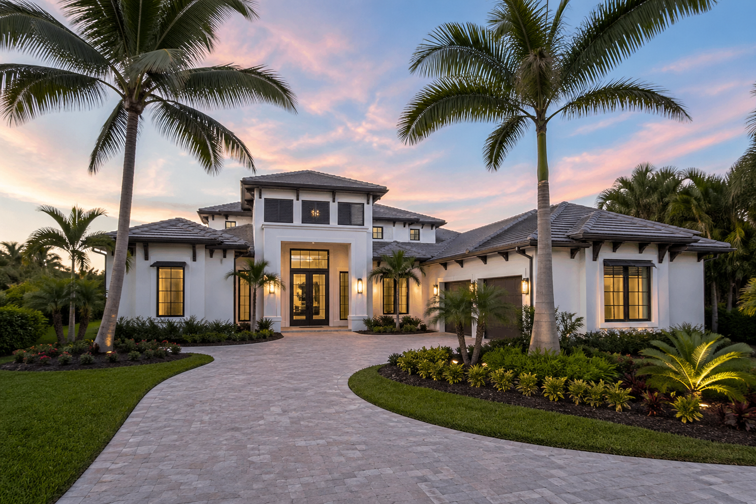 Luxury house with palm trees and landscaped garden at sunset