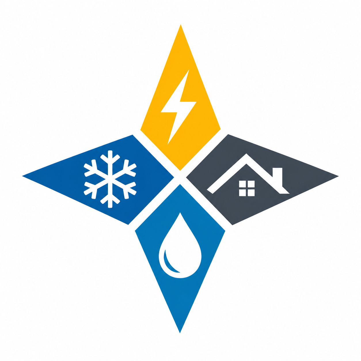 A four-part graphic symbol representing different home and safety services: a yellow lightning bolt for electricity, a blue snowflake for cooling or air conditioning, a black house for home or real estate, and a blue water droplet for plumbing or water services.