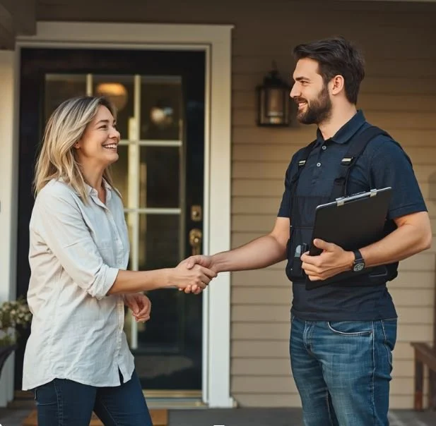 A woman shaking hands with a delivery person outside a house.