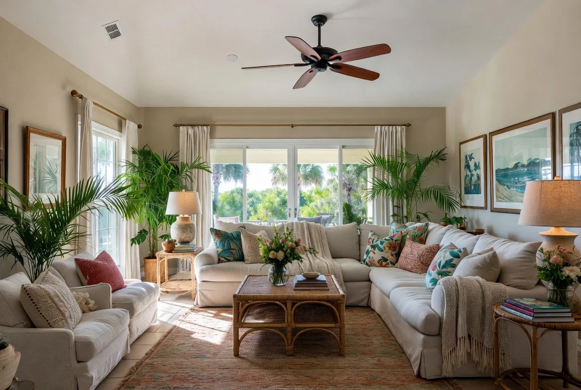 Living room with beige walls, white sectional sofa, decorative pillows, wooden coffee table with flowers, large windows with curtains, ceiling fan, and tropical plants
