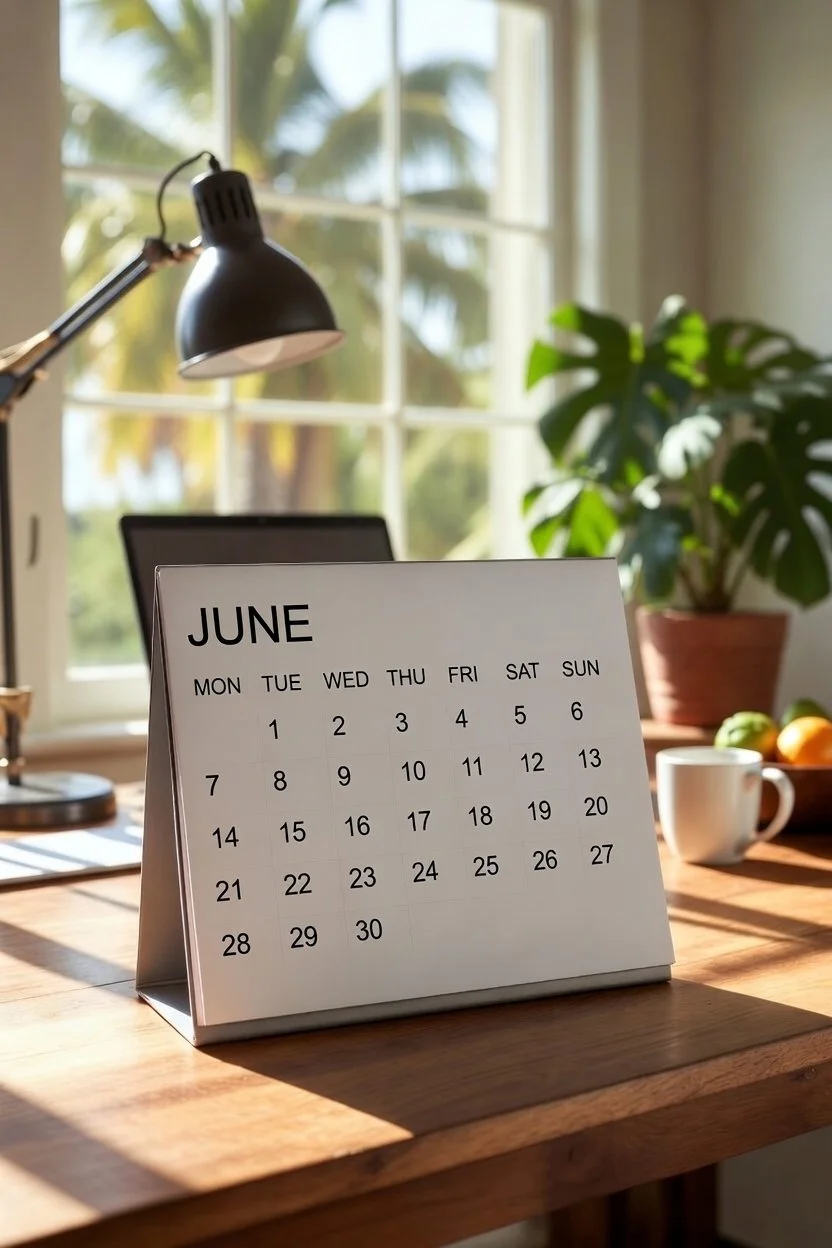 A desk calendar displaying the month of June on a wooden table in a sunlit room with a window, a black desk lamp, a potted plant, a white mug, and some fruit in a bowl.