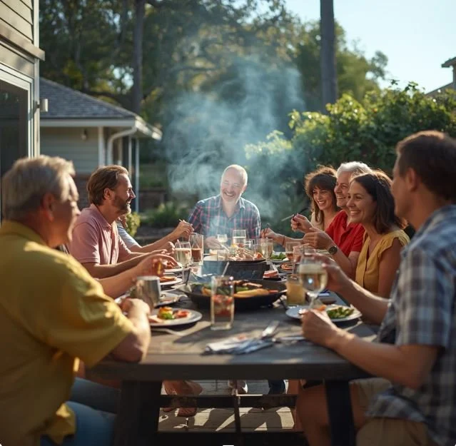 Group of people enjoying a backyard barbecue dinner outdoors, smiling and engaging with each other.