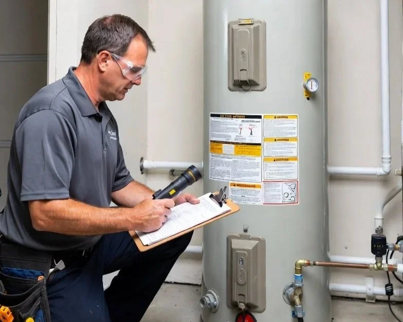 Technician inspecting and recording information on a clipboard next to a water heater in an indoor utility area.