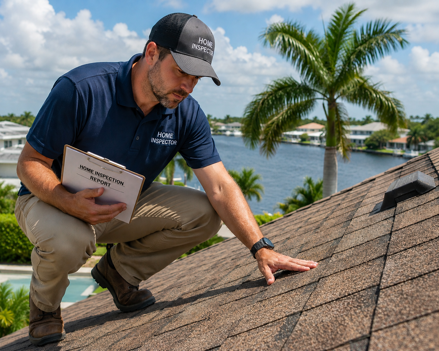 A home inspector examining a roof with shingles near a waterfront property, holding a report and taking notes in a clipboard, with palm trees and water in the background.