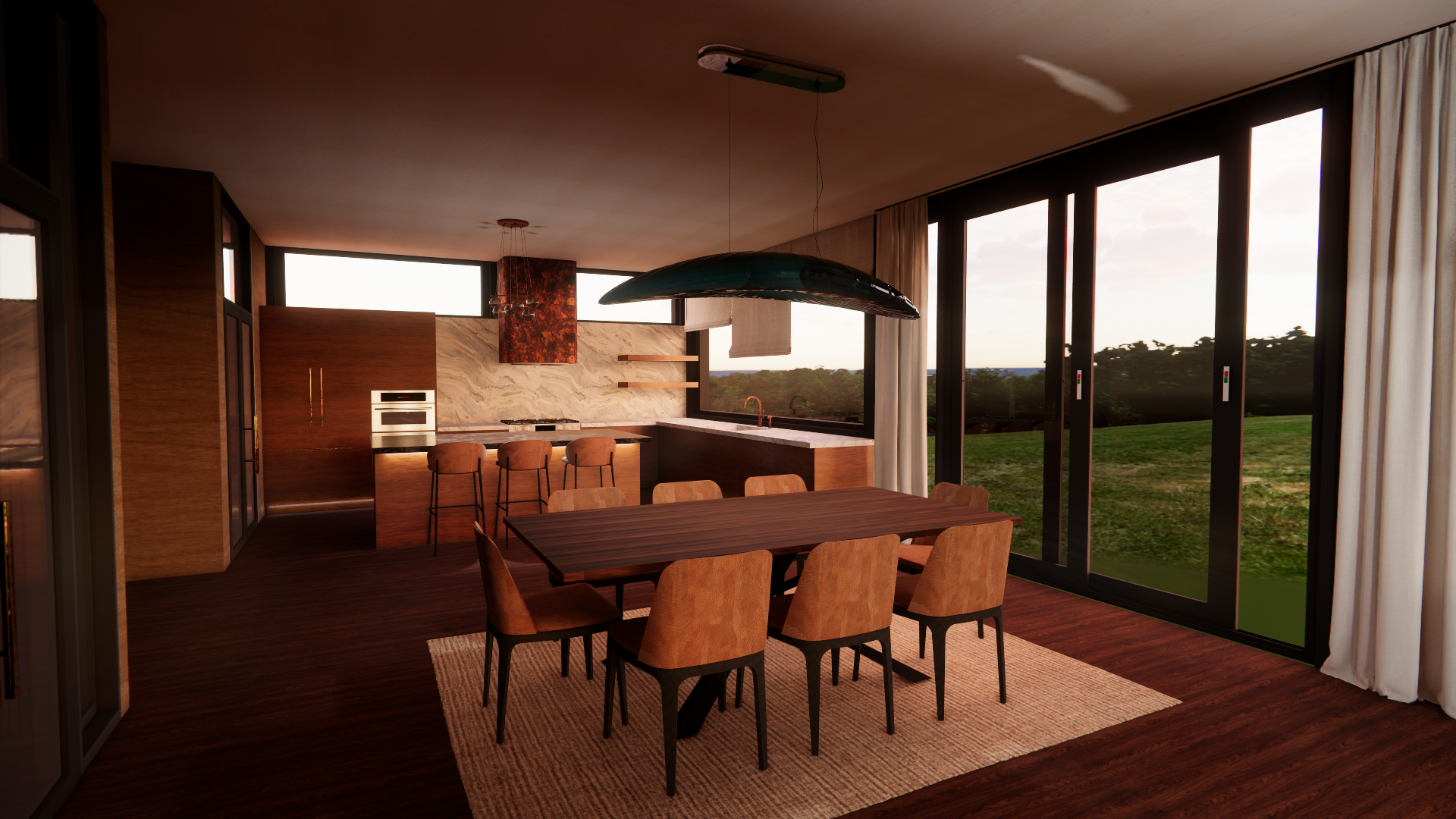 Modern kitchen and dining area with wooden furniture, large windows showing outdoor landscape, pendant lights, and a breakfast bar with chairs.