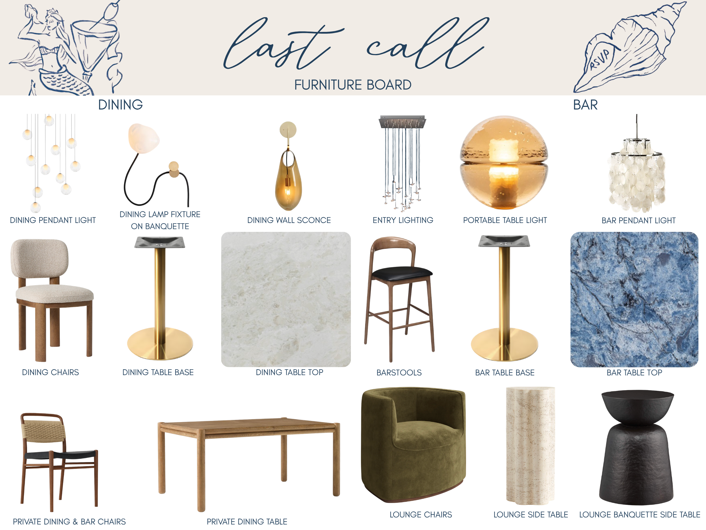 A furniture catalog titled 'Last Call Furniture Board' with sections for dining and bar furniture. It features images of various lighting fixtures, chairs, tables, and decorative items including pendant lights, wall sconces, chandelier, table lamps, bar stools, side tables, banquette seats, and a lounge chair, each labeled with descriptive titles.
