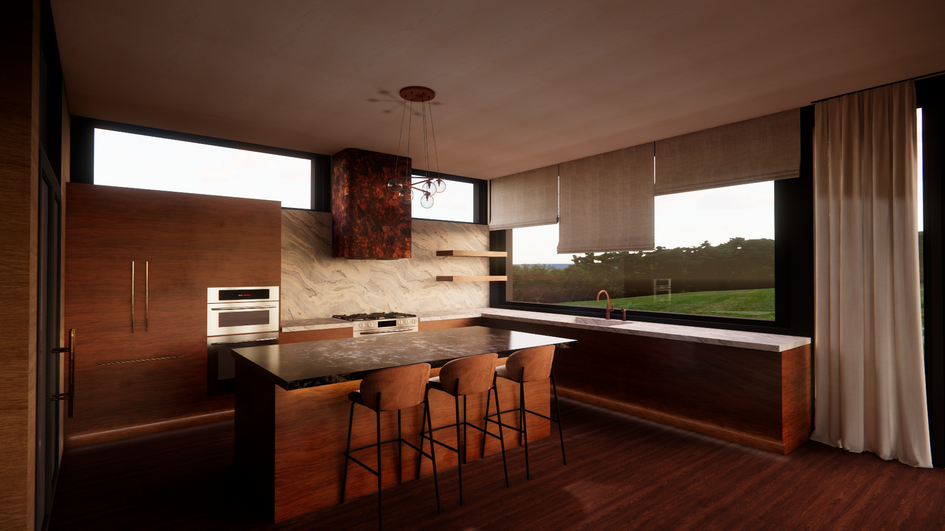 Modern kitchen with large windows, wooden cabinets, marble countertops, hanging light fixture, and a view of greenery outside.