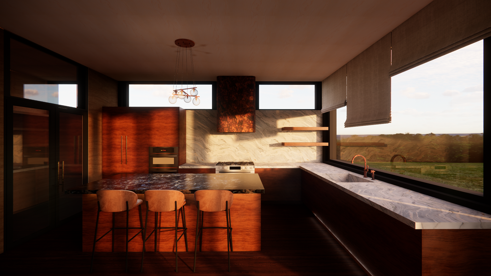 Modern kitchen with large window, marble countertops, wooden cabinets, and pendant lighting.