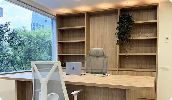 Oficina moderna con escritorio de madera, silla ergonómica, laptop y estanterías vacías, con vista a árboles y edificio desde ventana grande.