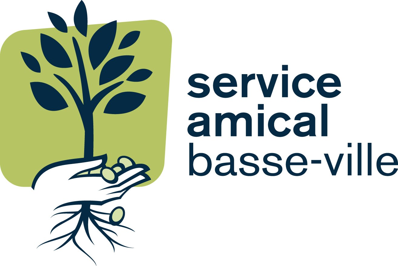 Logo d'un service d'aide mutuelle avec un arbre dans une main, accompagnée du texte "service amical passe-ville".