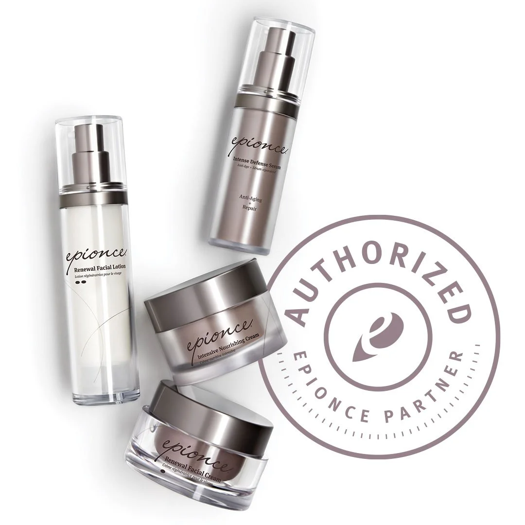 Skincare products including facial lotion, serum, nourishing cream, and renewal cream from Epionce, with an 'Authorized Epionce Partner' seal.