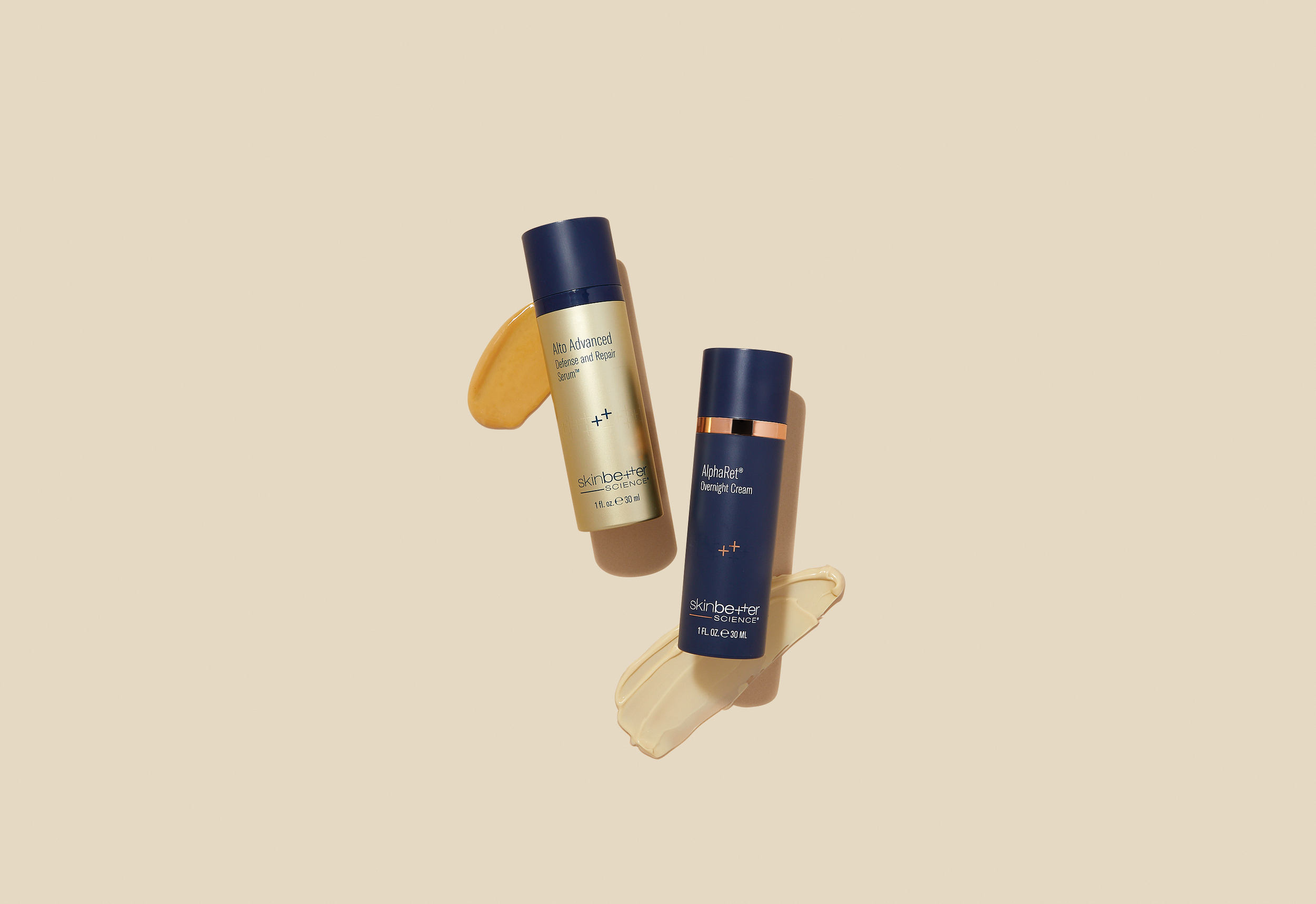 Skincare products, including a bottle of 'Alto Advanced Defense and Repair Serum' and a tube of 'AlphaRet Overnight Cream,' arranged against a plain beige background.