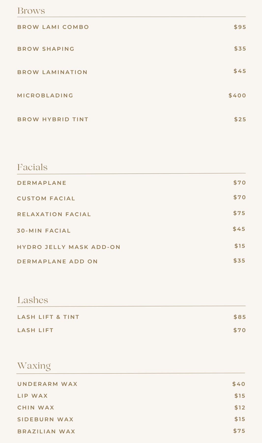 Spa menu listing various services for brows, facials, lashes, and waxing with prices.