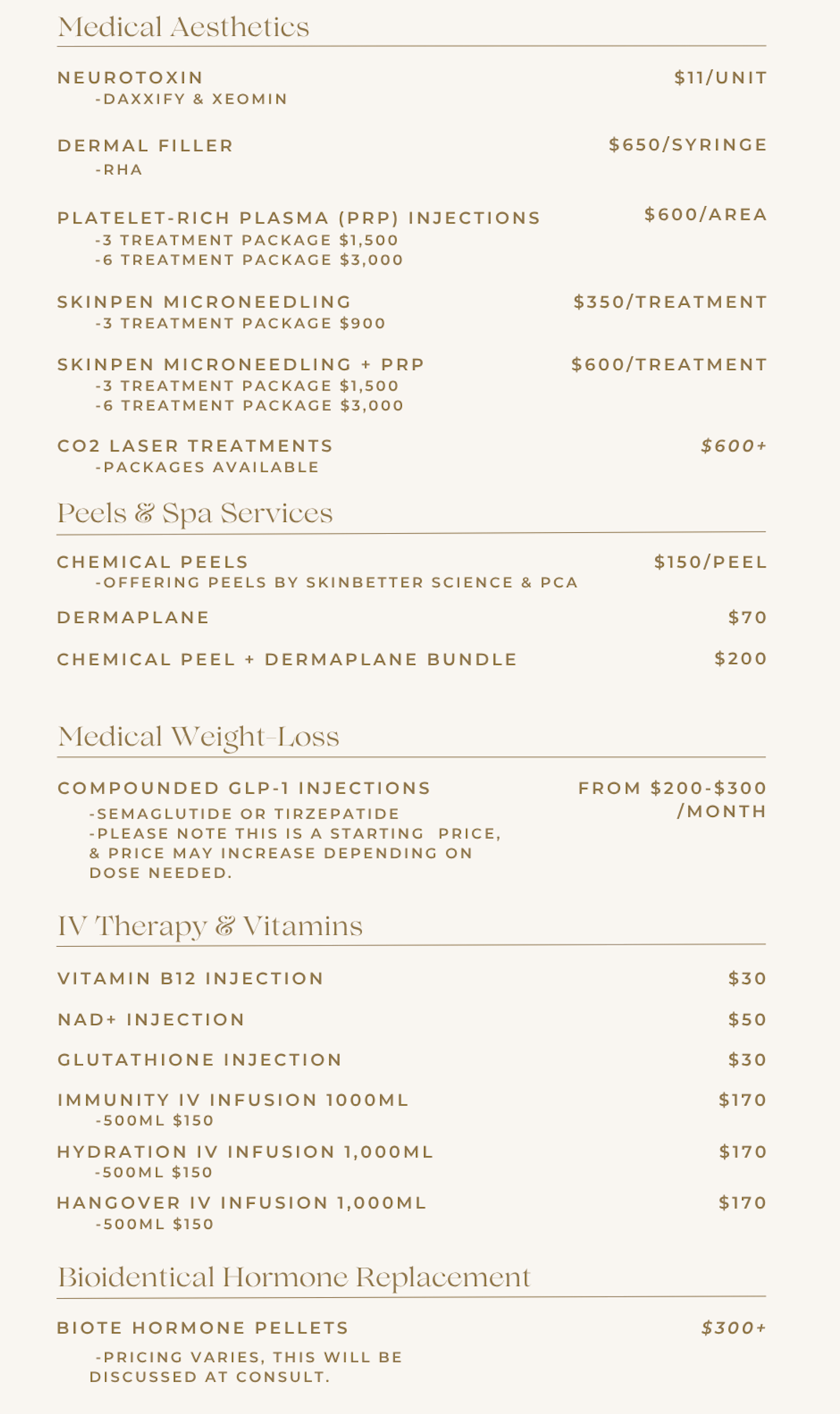 A menu from a medical aesthetics clinic listing services and prices, including neurotoxin, dermal filler, platelet-rich plasma injections, microneedling, CO2 laser treatments, peels, weight-loss injections, IV therapy, and bioidentical hormone replacement.