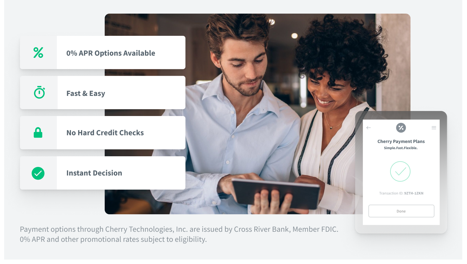 A man and woman looking at a tablet, with overlayed icons and text promoting Cherry Technologies' payment plans, including features like 0% APR, quick approval, no hard credit checks, and instant decision.