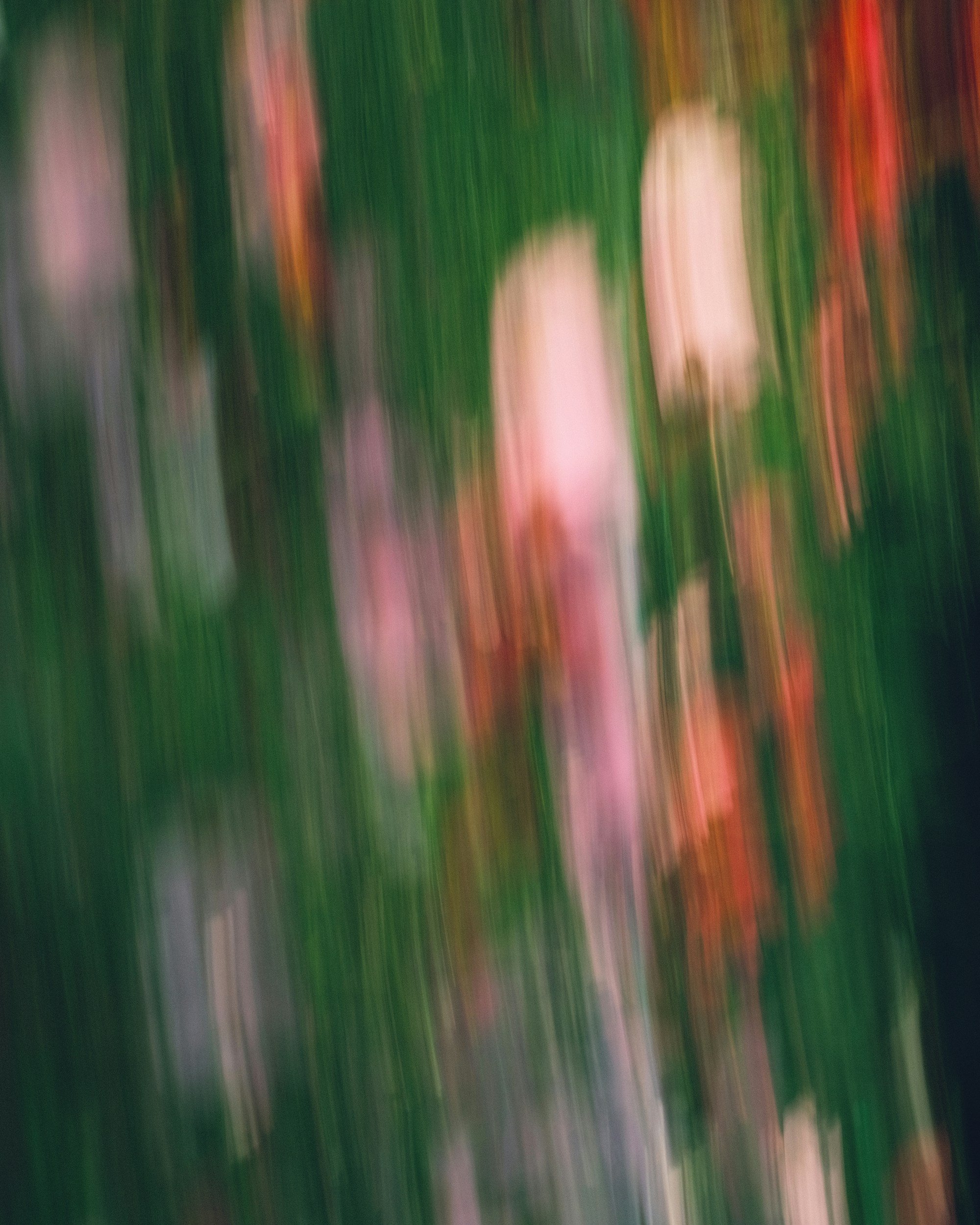 Blurred image with mostly green colors, some white and red details, and indistinct shapes.