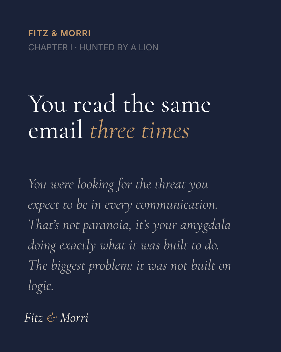 Book page with chapter heading 'Hunted by a Lion' from Fitz & Morri, featuring a quote about reading the same email three times and a discussion on communication and trust.