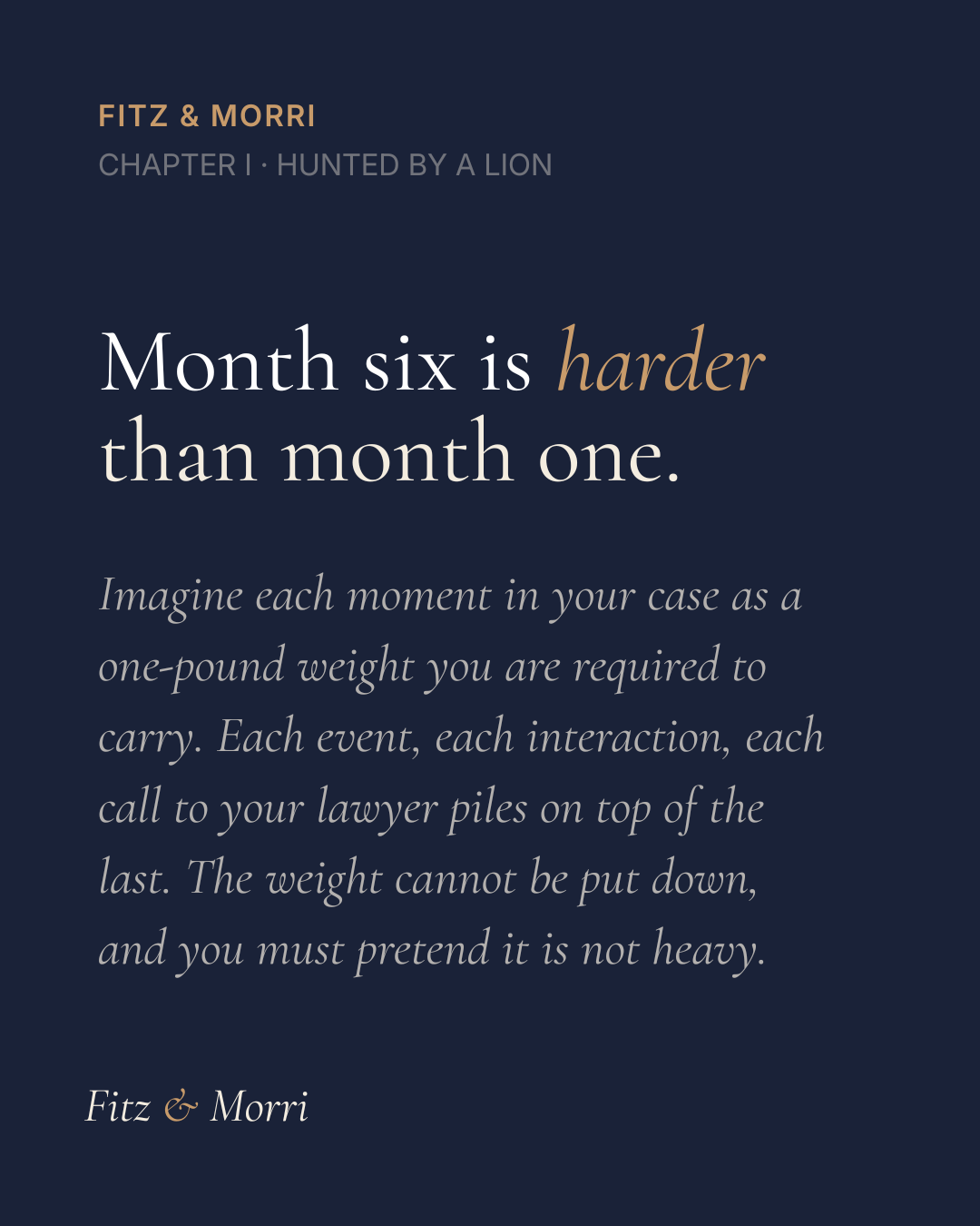 Book page with a quote about how month six is harder than month one, attributed to Fitz & Morri, Chapter 1, Hunted by a Lion.