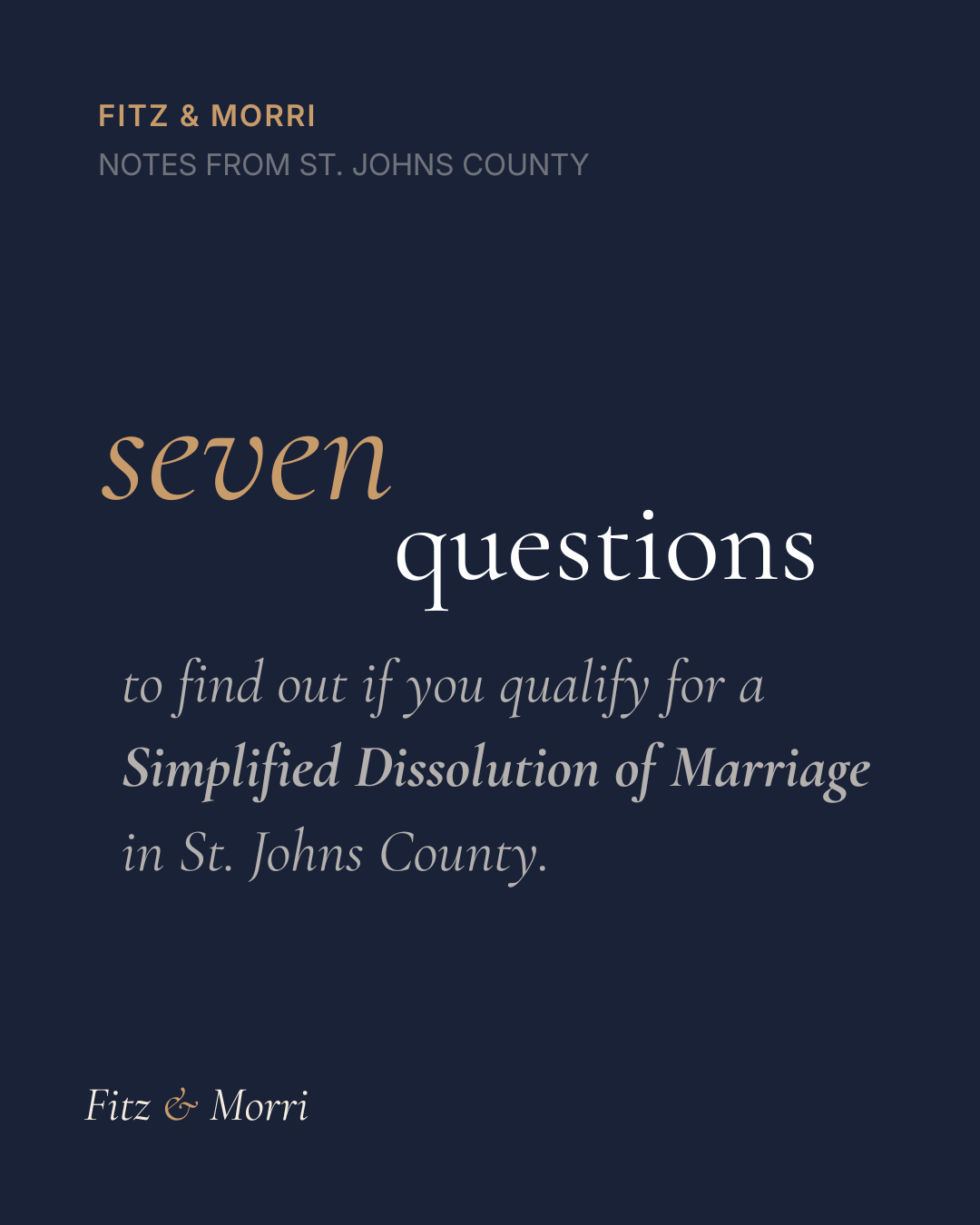Book cover titled 'Seven Questions' by Fitz & Morri, with subtitle about qualifying for simplified dissolution of marriage in St. Johns County.