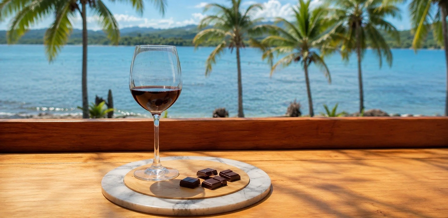 a glass of red wine and chocolates with the Caribbean Sea behind in Puerto Viejo