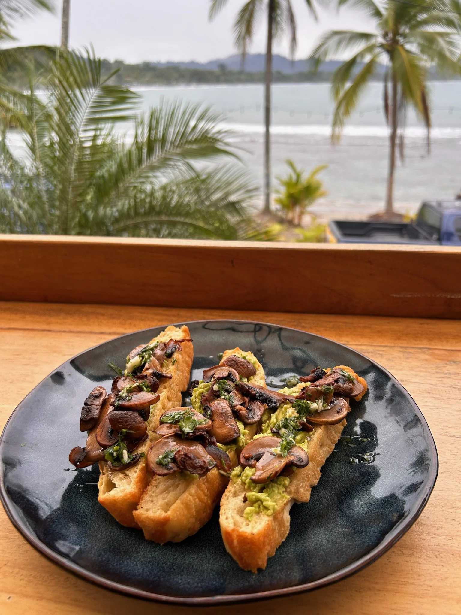 Three slices of toasted focaccia topped with sautéed mushrooms, avocado and chopped herbs, served on a black plate with a scenic view of palm trees, beach, and water in the background.