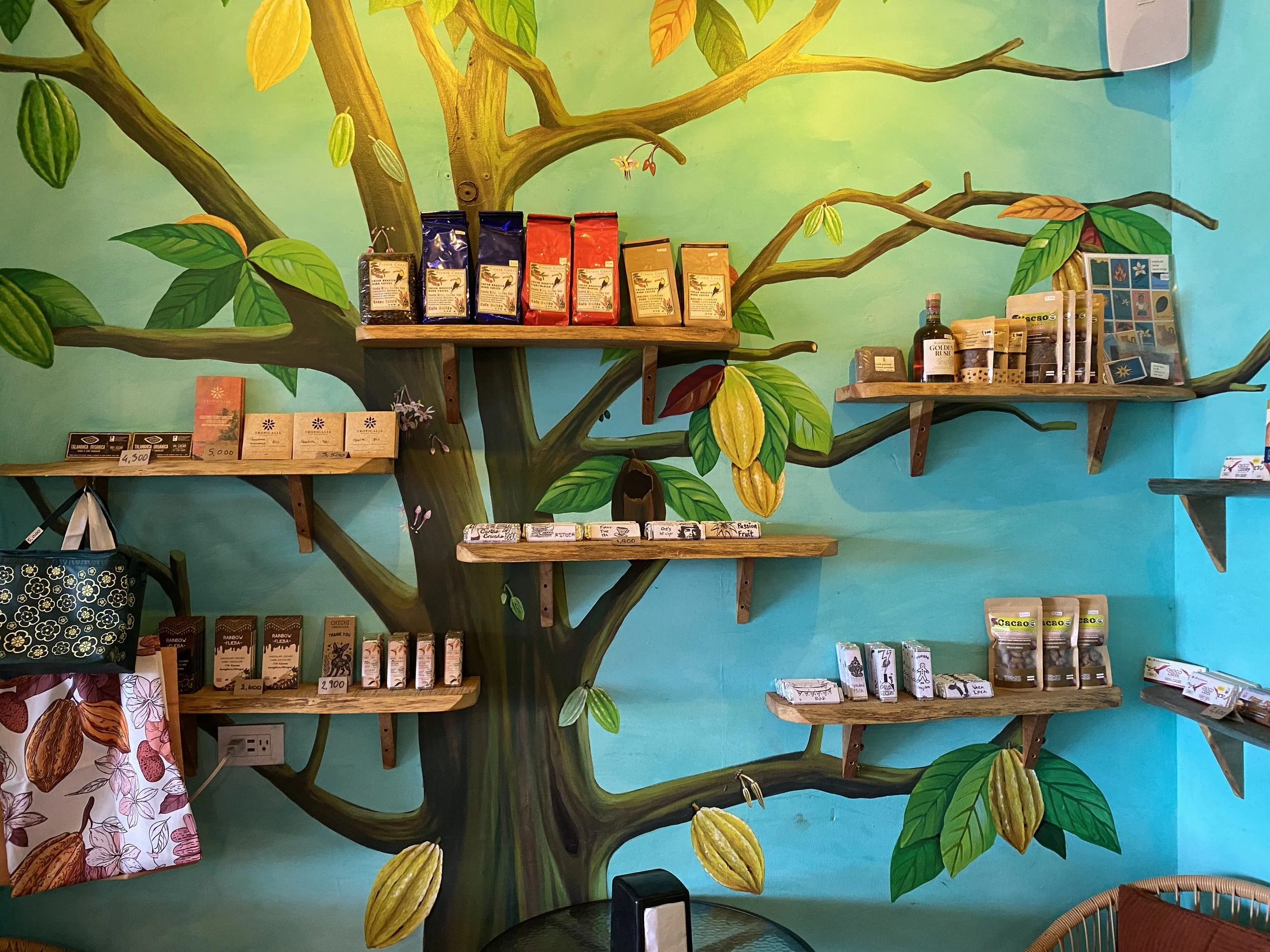 Display shelves with coffee and cacao products arranged against a colorful mural of a tree with leaves and hanging cacao pods.