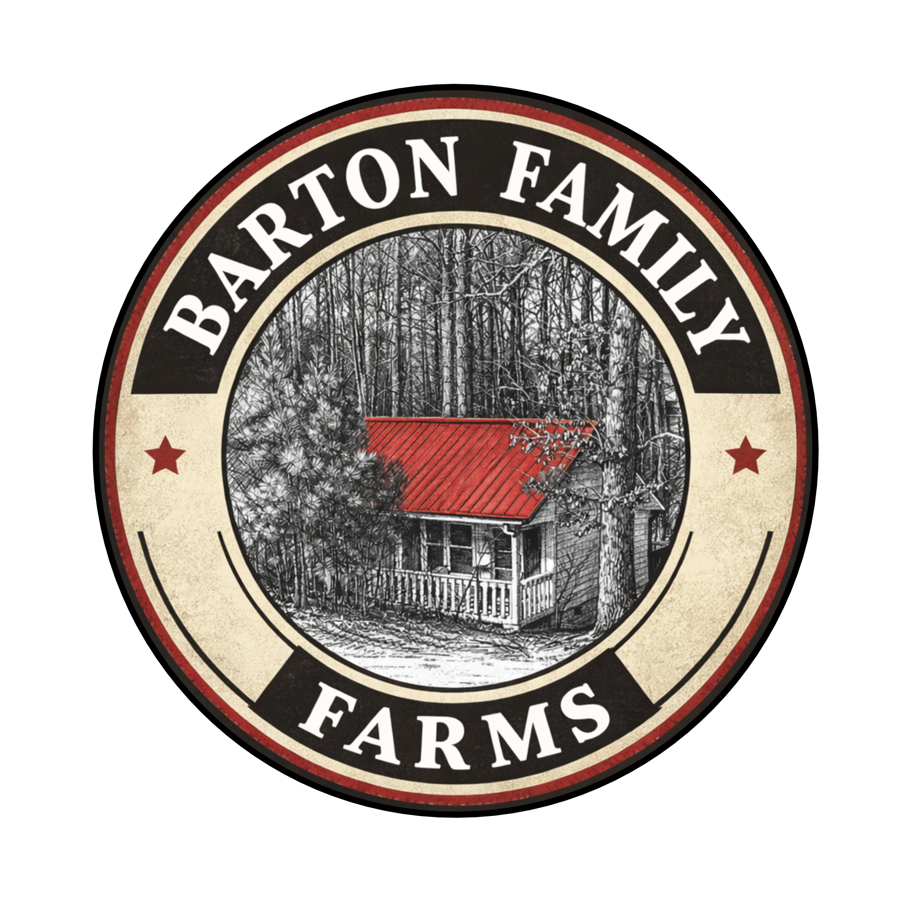 Close-up of a circular logo for Barton Family Farms, featuring a sketch of a house with a red roof in the woods.
