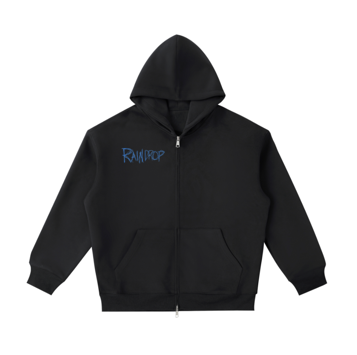Black zip-up hoodie with a blue 'Rain Drop' logo on the left chest area, featuring a front pouch pocket and a hood.