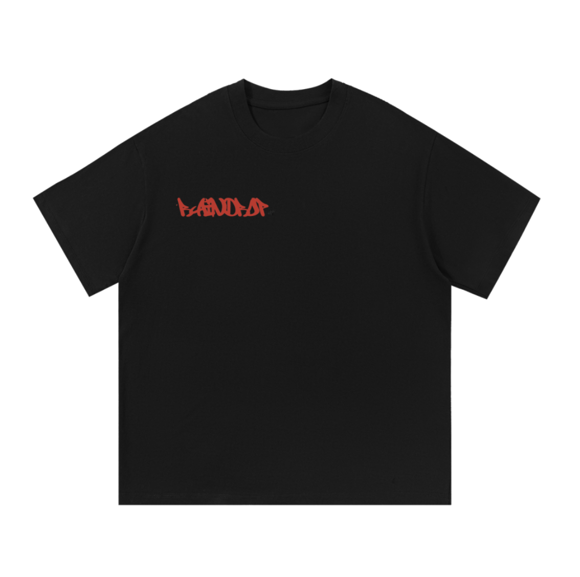 Black T-shirt with red graffiti-style text on the upper left chest area.