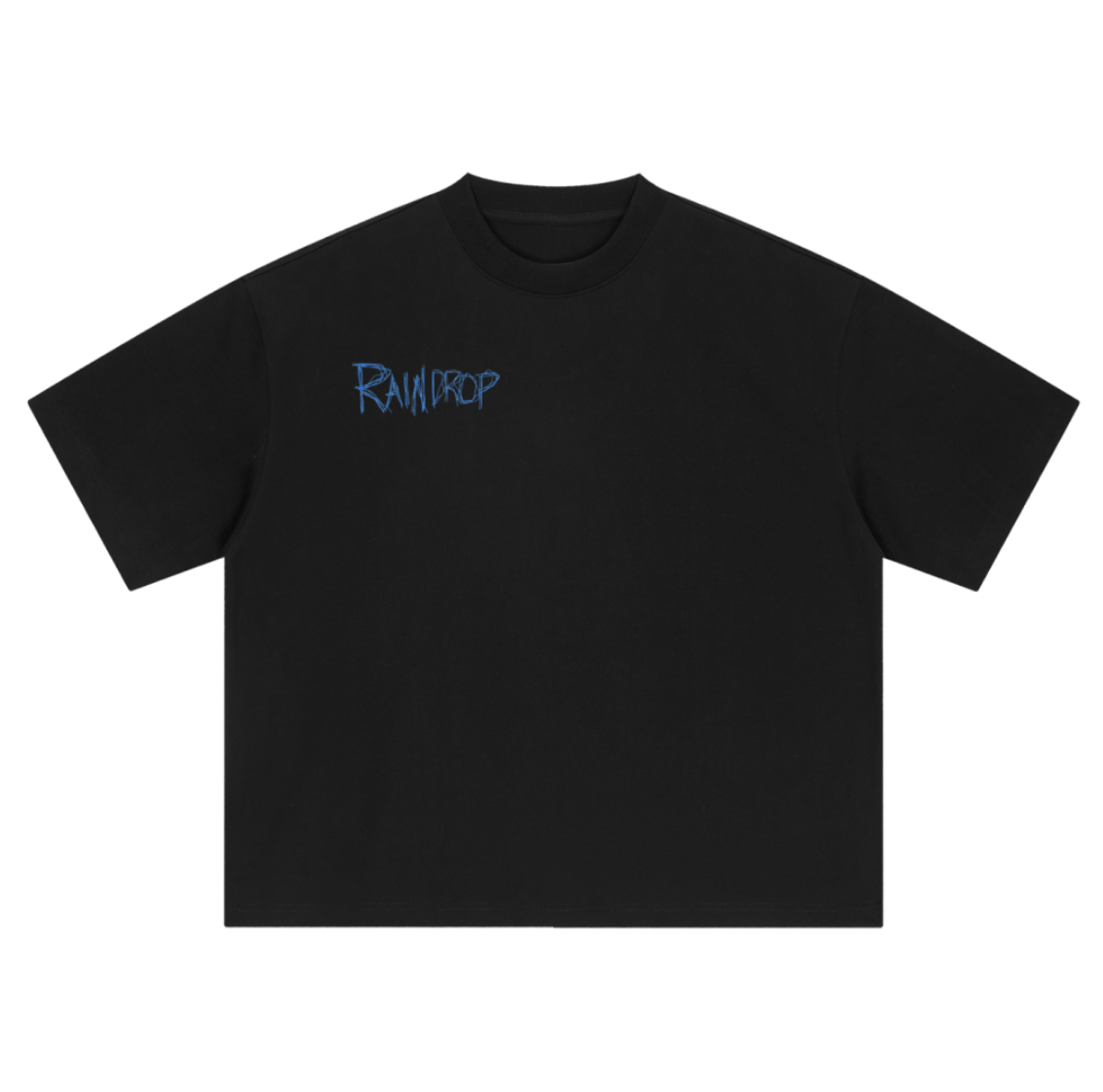 Black t-shirt with blue 'Raintrop' logo on the upper left chest area.