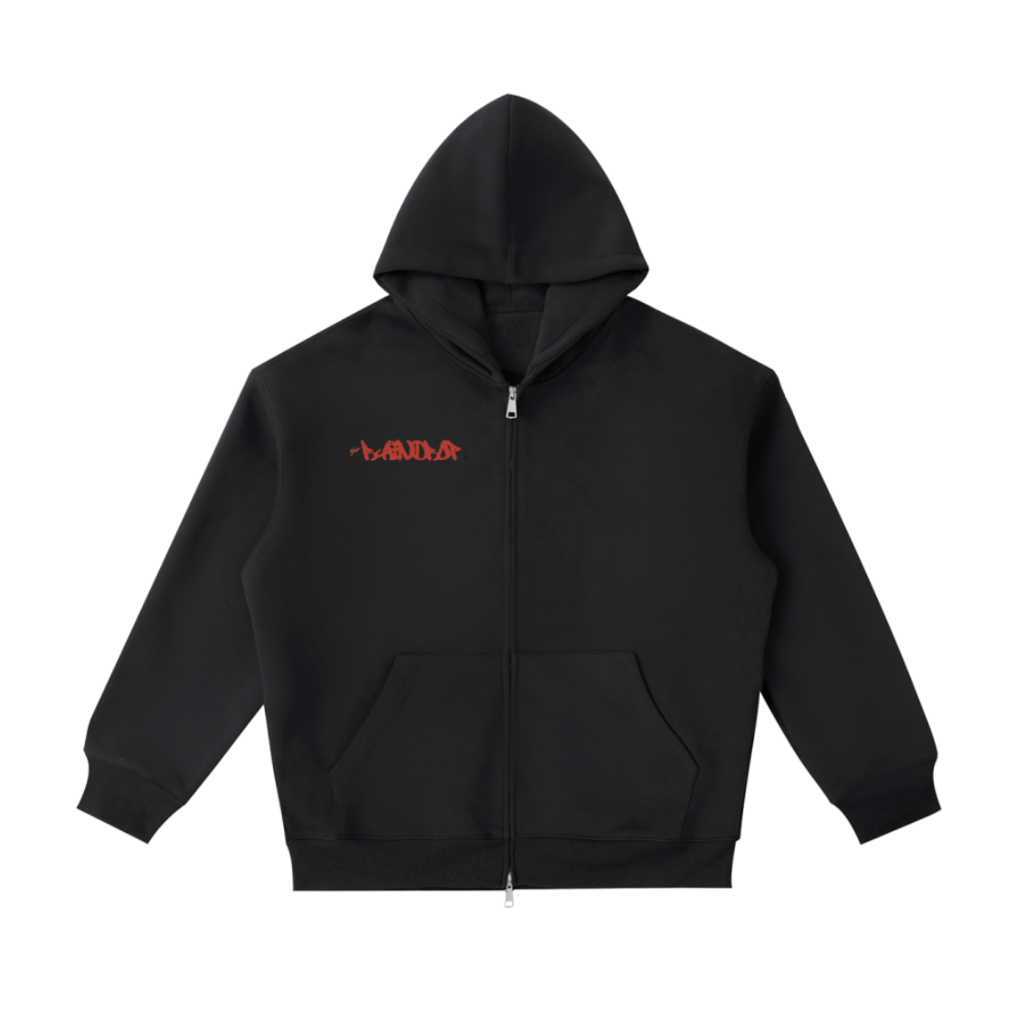 Black zip-up hoodie with a red graffiti-style logo on the chest and a front pocket.
