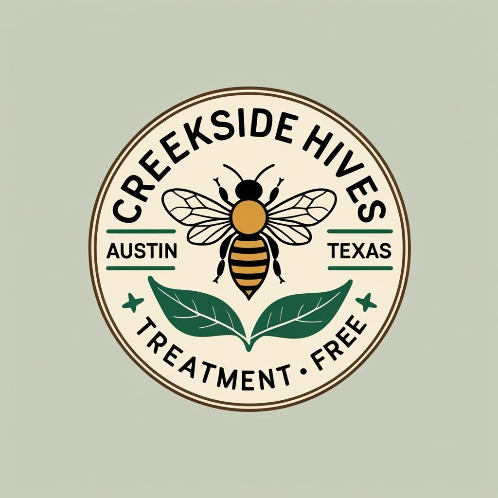 Logo for Creekside Hives in Austin, Texas, featuring a bee on two green leaves with the text "Creekside Hives," "Austin," "Texas," "Treatment Free."