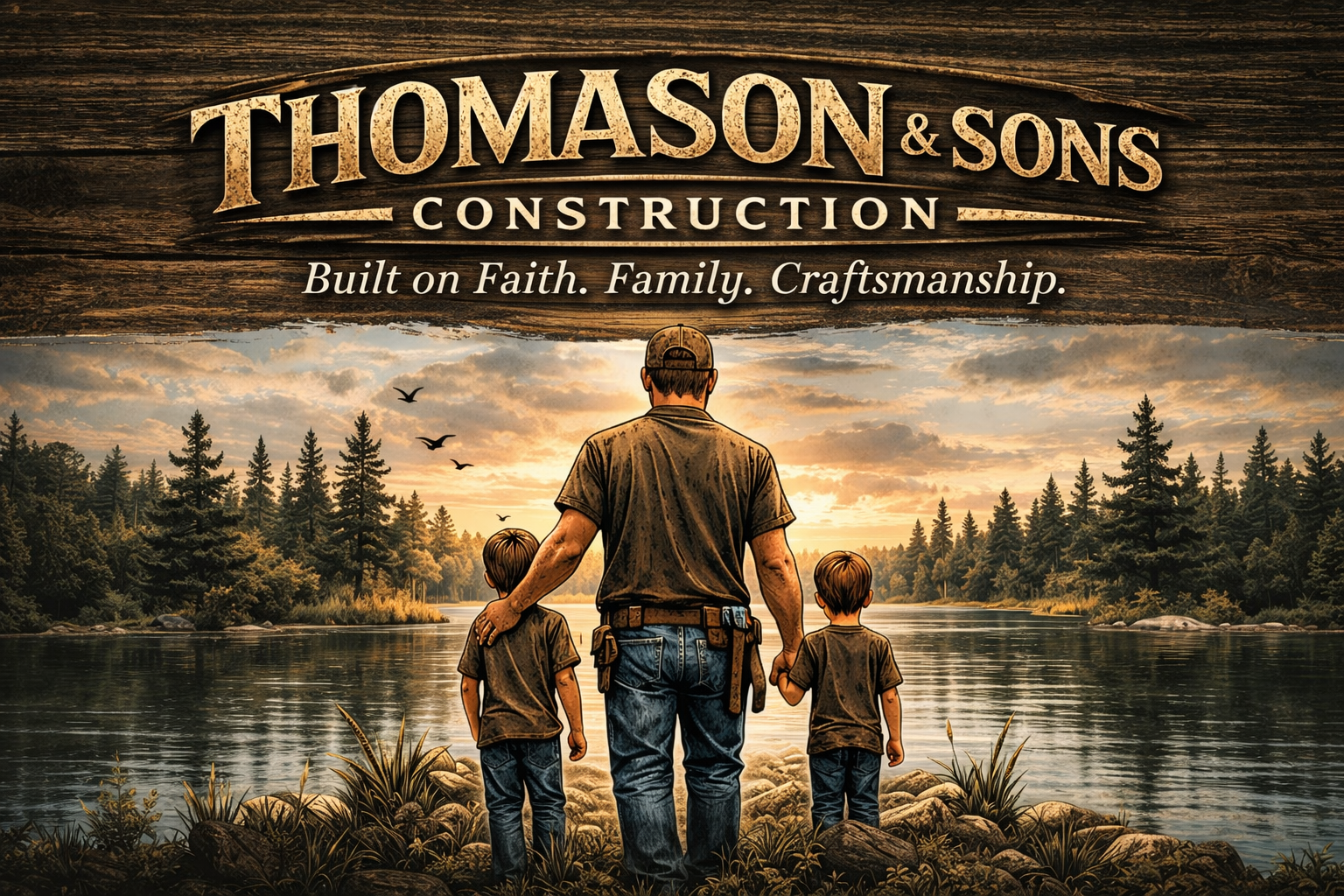 A man with two children standing by a river at sunset, surrounded by trees, with the text 'Thomason & Sons Construction' and the tagline 'Built on Faith. Family. Craftsmanship.'