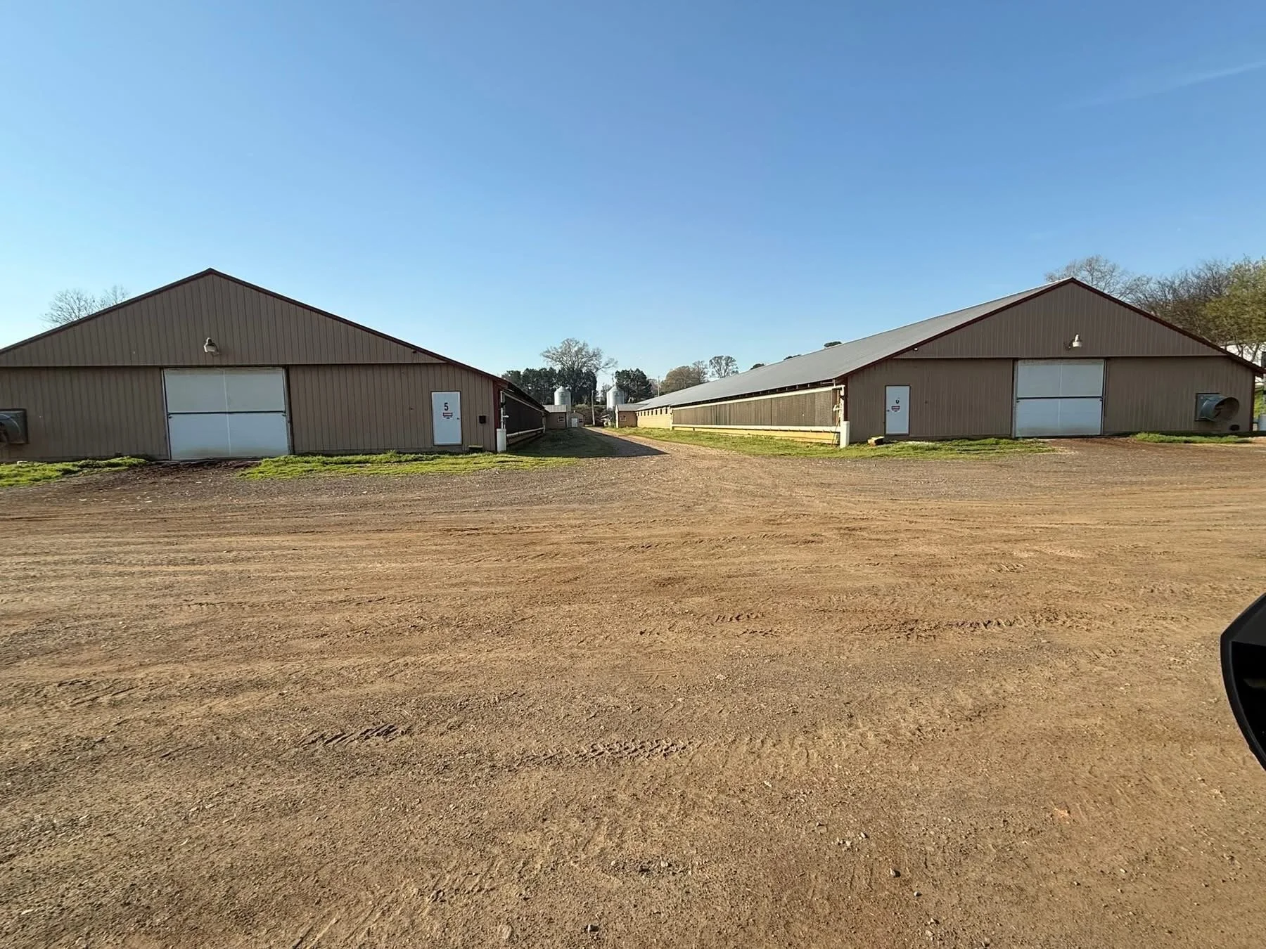 Two large poultry houses and metal buildings with metal siding and large doors, situated on a dirt area with grass patches, under a clear blue sky.