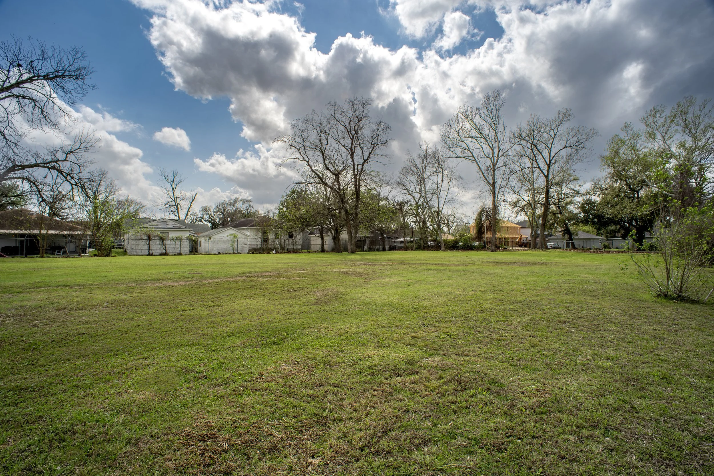 A backyard with a grassy lawn, several leafless trees, a white fence, and houses in the background under a partly cloudy sky.