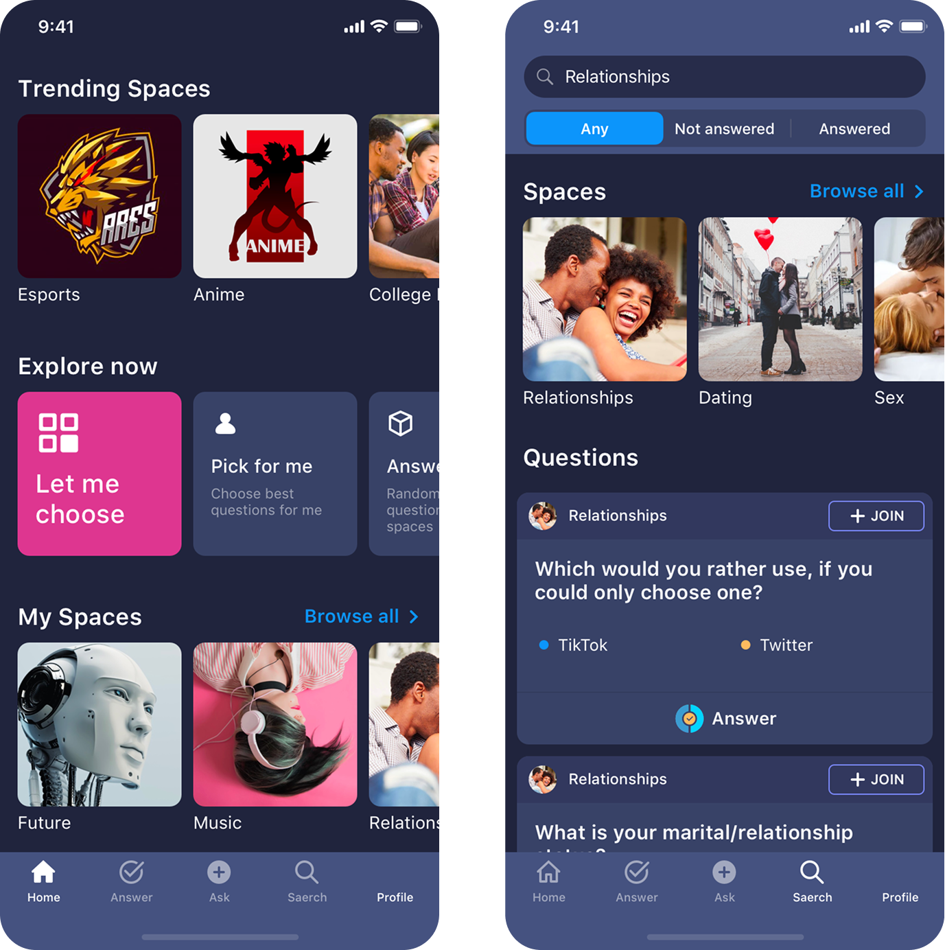 Screenshots of a dating app with sections like 'Trending Spaces', 'Explore now', and 'My Spaces'. The first screenshot shows categories: Esports, Anime, College, and options like 'Let me choose', 'Pick for me', and 'Answer'. The second screenshot displays a 'Relationships' space with photos of couples, a question about preferred social media platforms, and options to join.