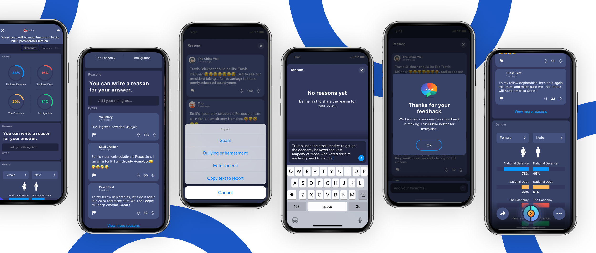 Multiple smartphones displaying a voting or survey app with poll results, comments, feedback acknowledgment, and options to add reasons, report content, and select gender and opinions.