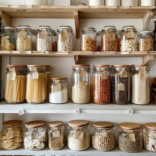 Organized pantry with jars and labels.