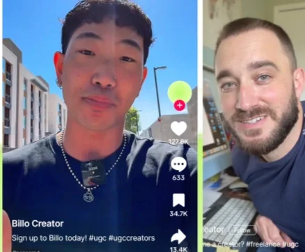 A split image showing two men, one outdoors in front of a building with a clear blue sky, and the other indoors in front of a white wall and desk. The man outdoors has black hair, is wearing a black shirt and a necklace with a phone attached, and the man indoors has short light brown hair, beard, and is wearing a dark blue shirt.