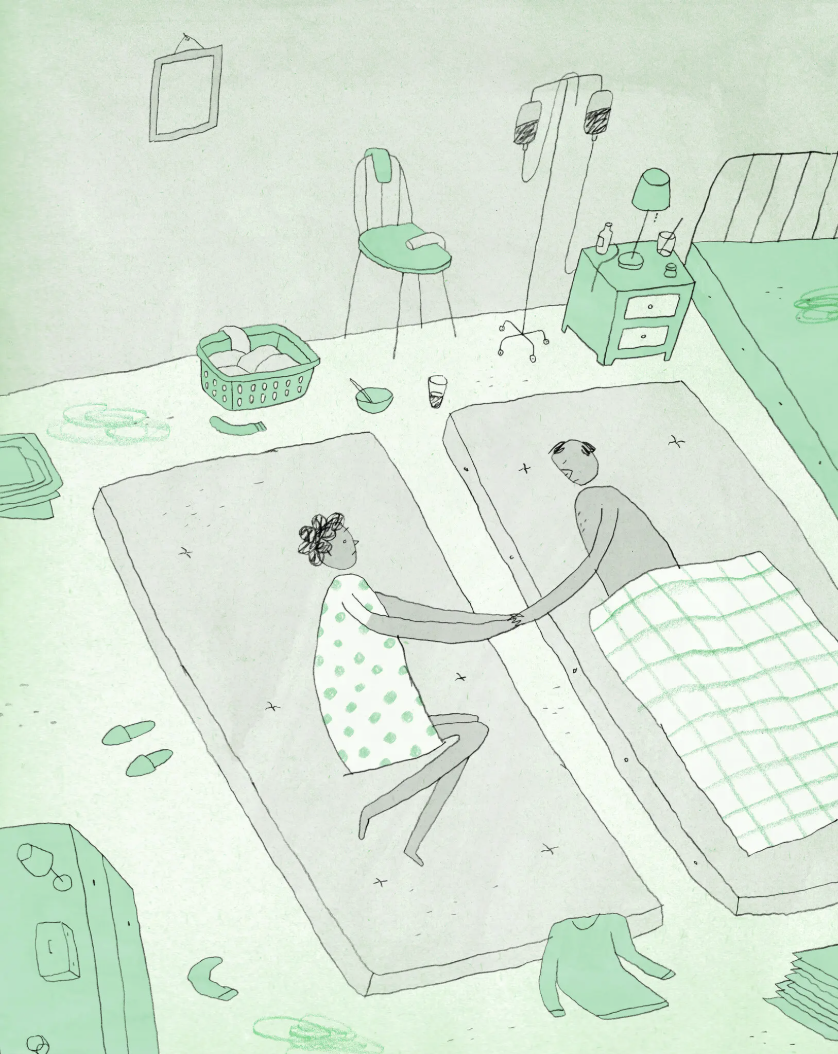 A line drawing of a hospital room with a bed, medical equipment, and two people holding hands and lying on separate hospital beds. One person wears a polka dot gown, and the other is covered with a checkered blanket.