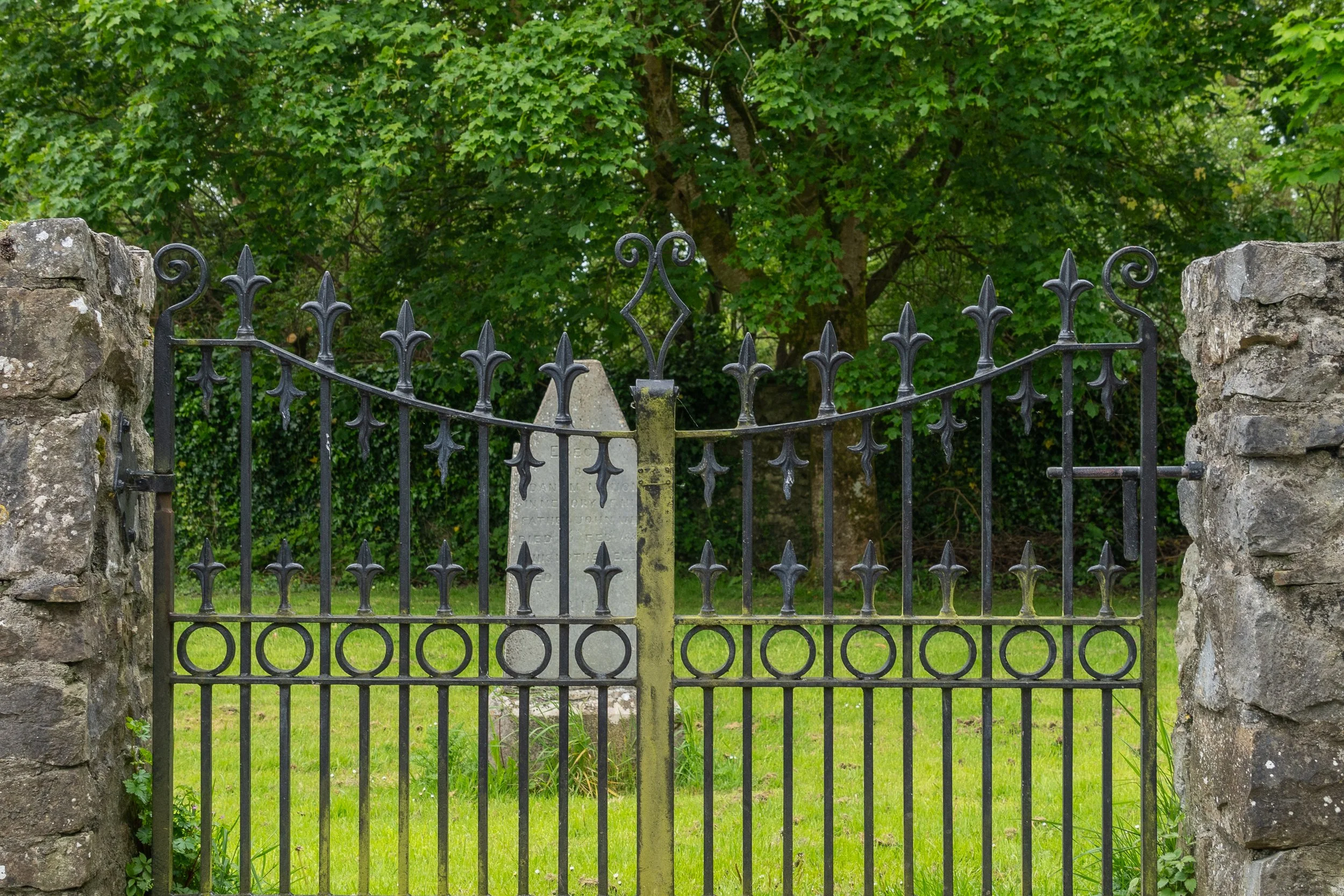 Ornate wrought-iron gate opening to a historic Irish cemetery in Castleisland, framed by weathered stone pillars and lush green trees.