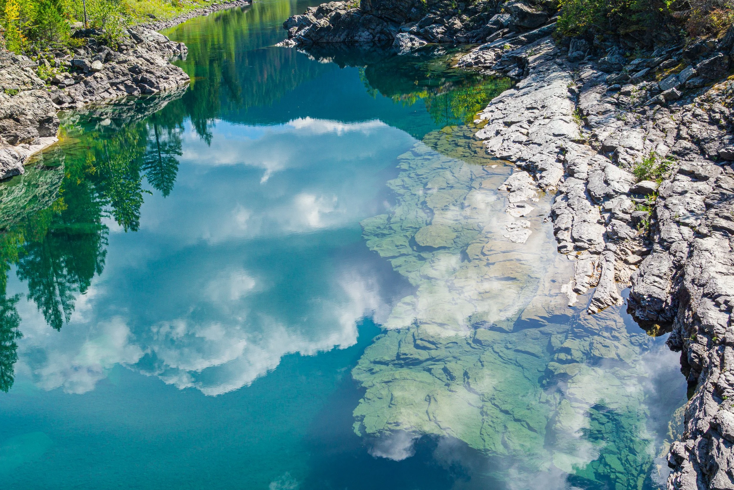 Clouds and evergreen trees reflected in the clear turquoise water of the Flathead River in Montana, with submerged rock formations visible beneath the surface.