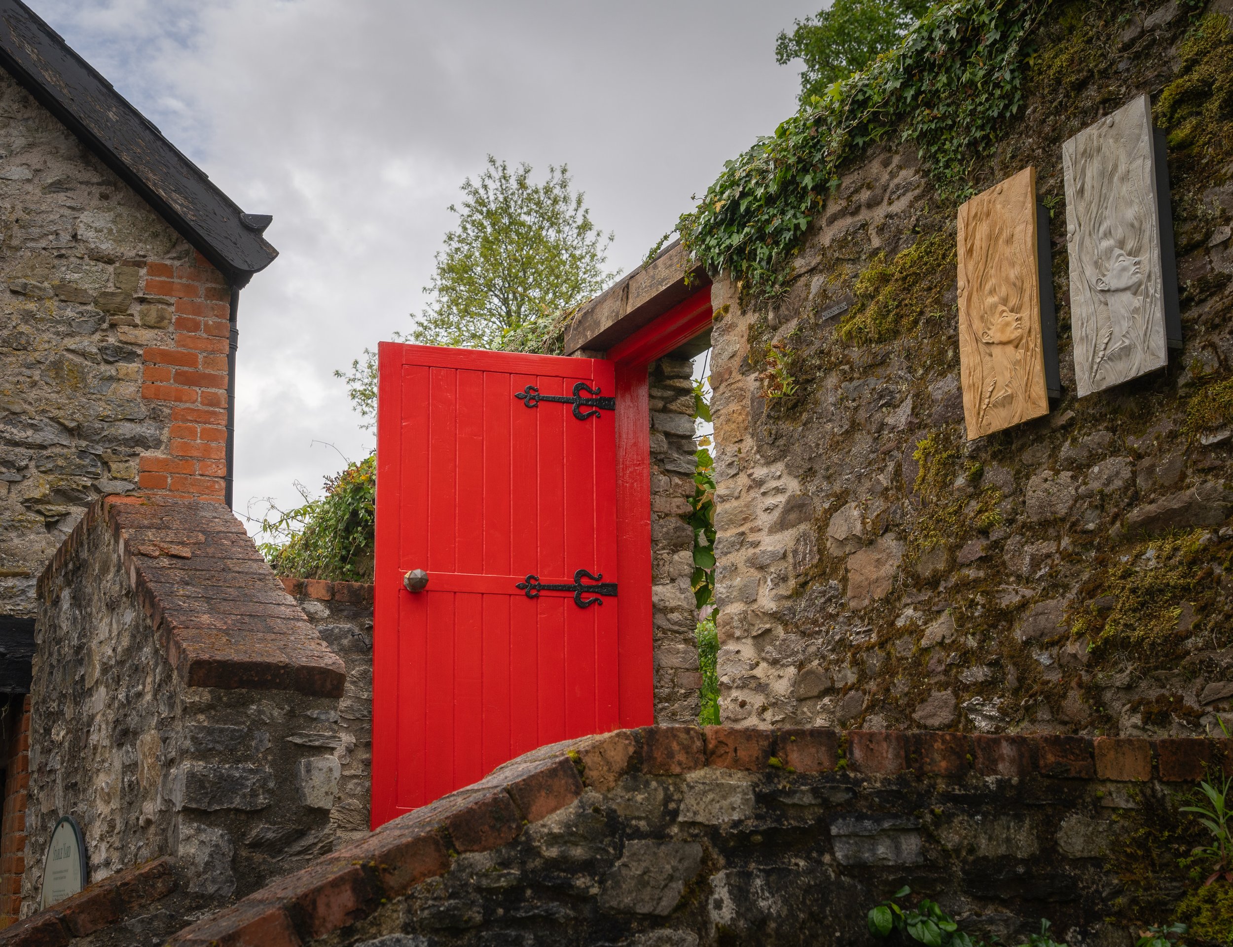 Bright red wooden door set within the weathered stone walls of Blarney Castle and Gardens in County Cork, Ireland, surrounded by moss, ivy, and historic architecture.